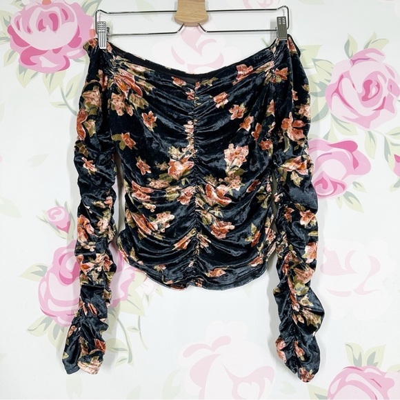 Free People Tops - NEW Free People Reina Velvet Blue Pink Ruched Off The Shoulder Crop Blouse S